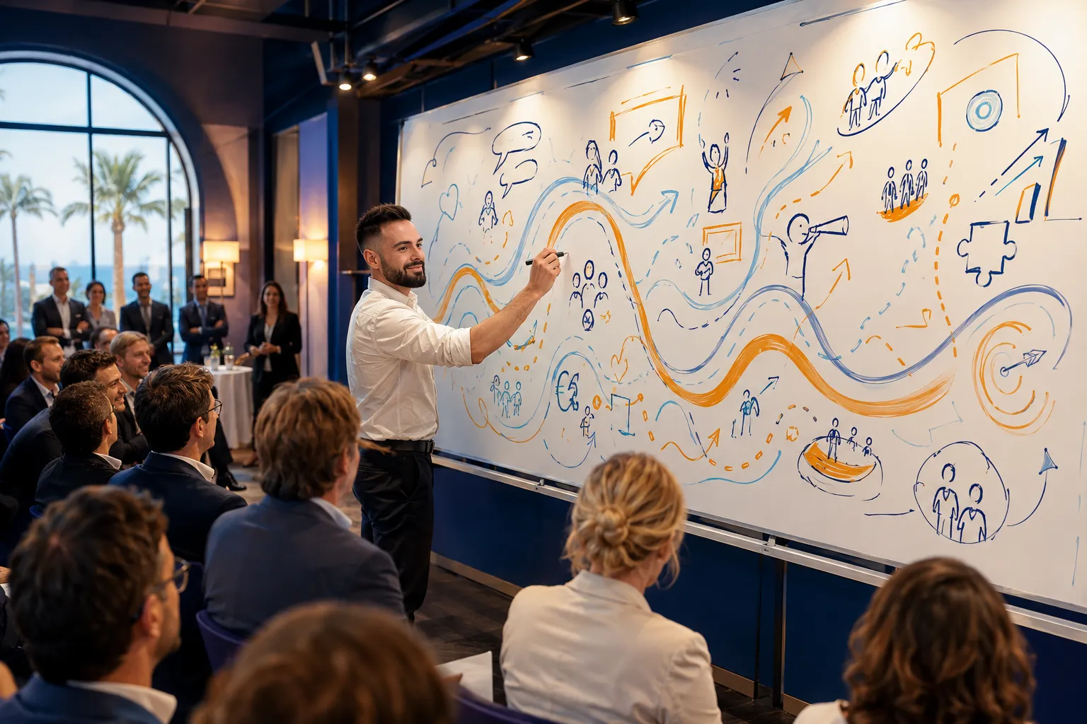 Un facilitateur graphique dessine une grande fresque colorée en direct devant un public nombreux, lors d'un événement.