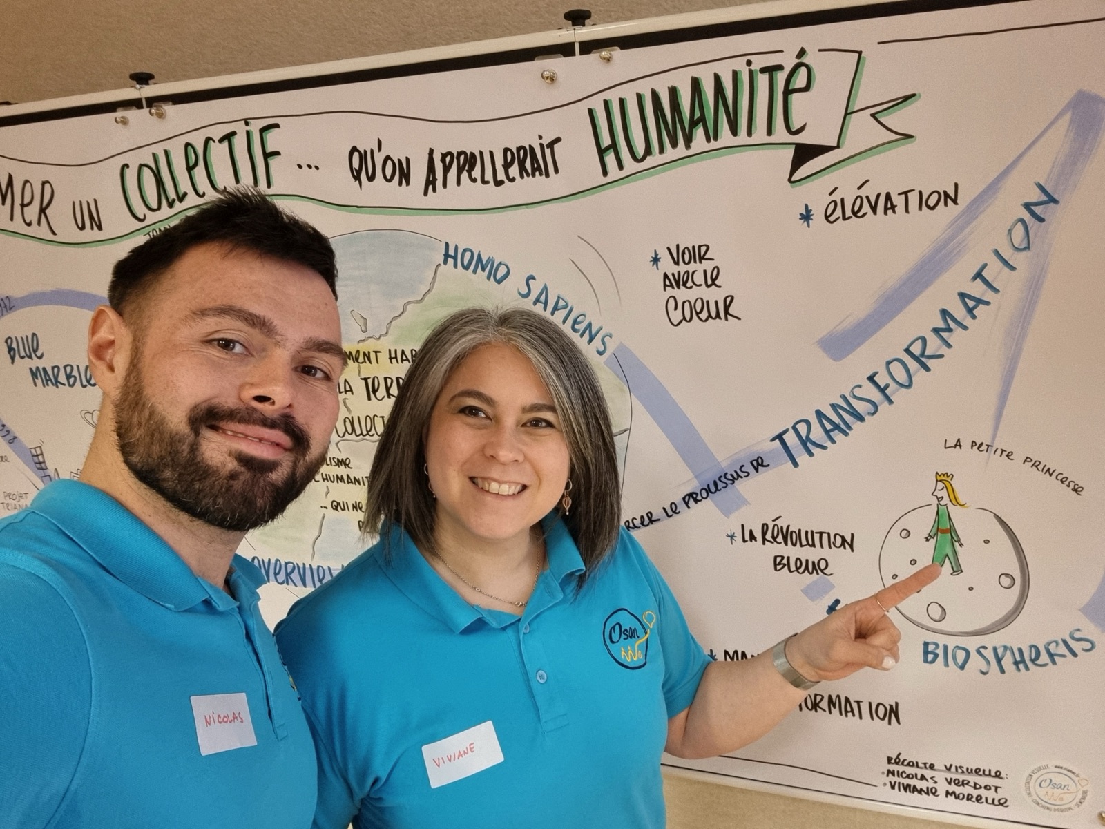 Nicolas Verdot et Viviane Morelle devant la fresque graphique réalisée en direct pendant le parcours CEC Provence Med