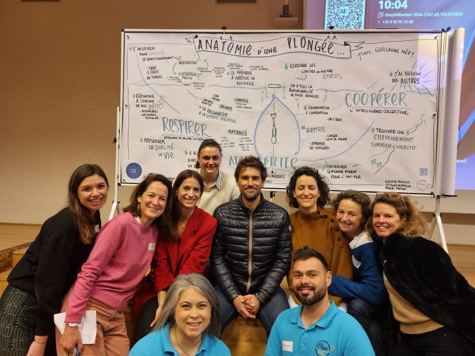 Groupe de dirigeants CEC devant la fresque graphique « Anatomie d'une plongée » réalisée pendant la conférence de Guillaume Néry