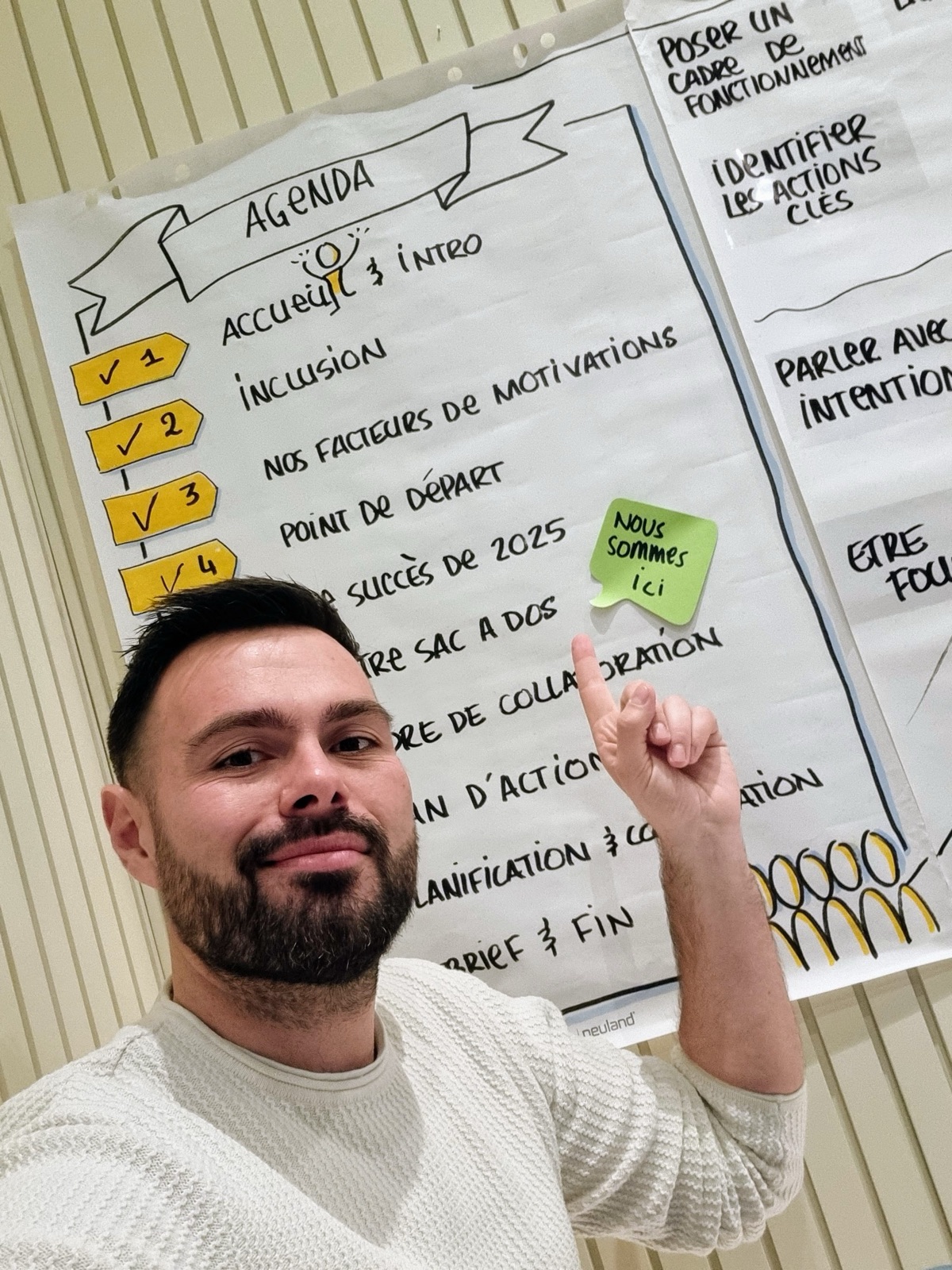 Nicolas Verdot devant la fresque graphique de l'agenda pendant le séminaire de prise de présidence JCI Monaco