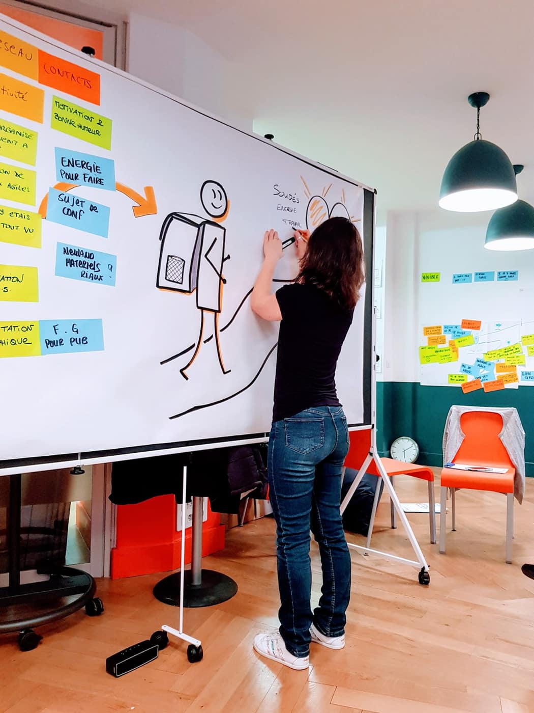 Une participante dessine au tableau